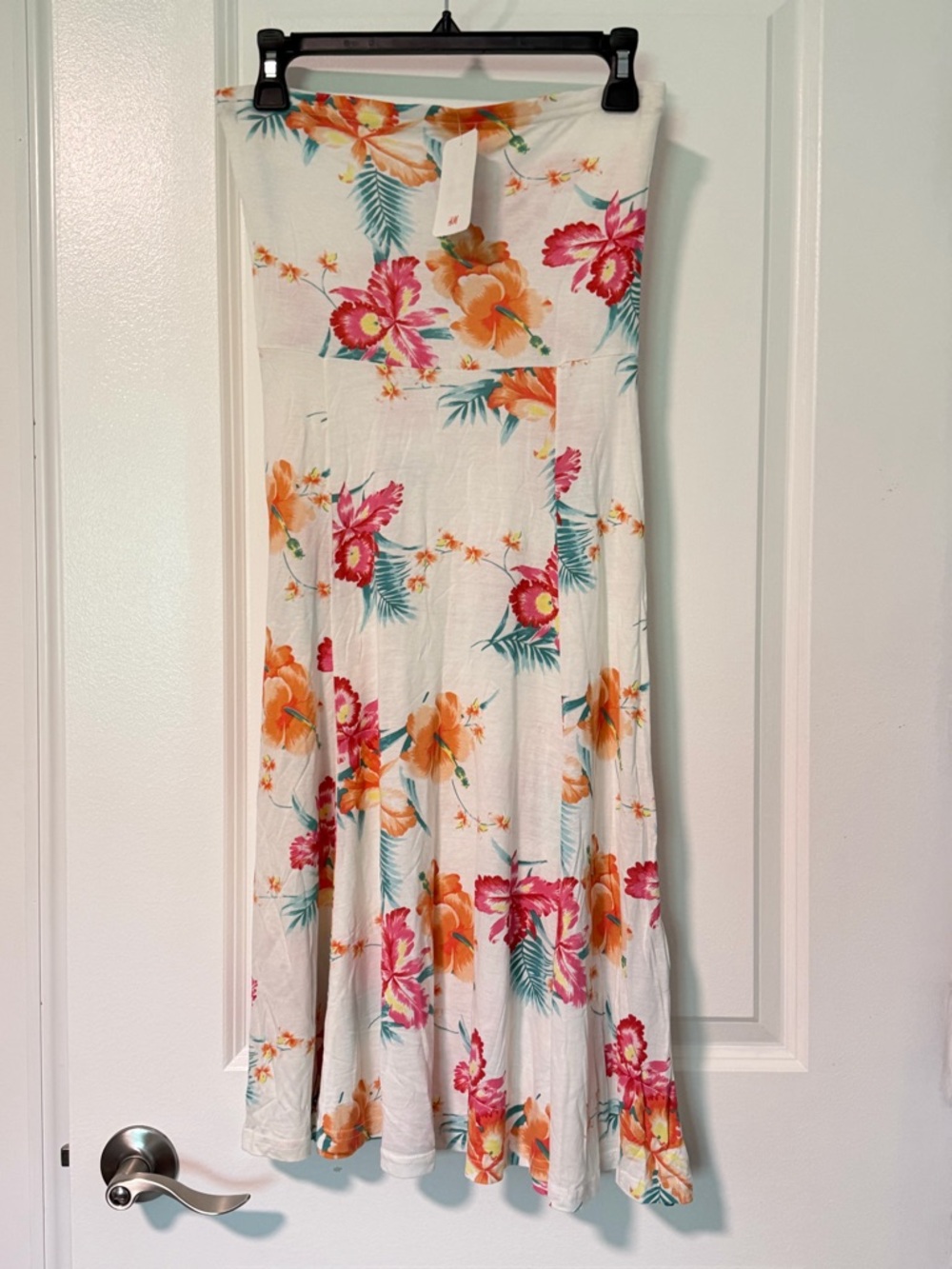 H&M White Strapless Dress w/ Orange & Pink Tropical Floral Print